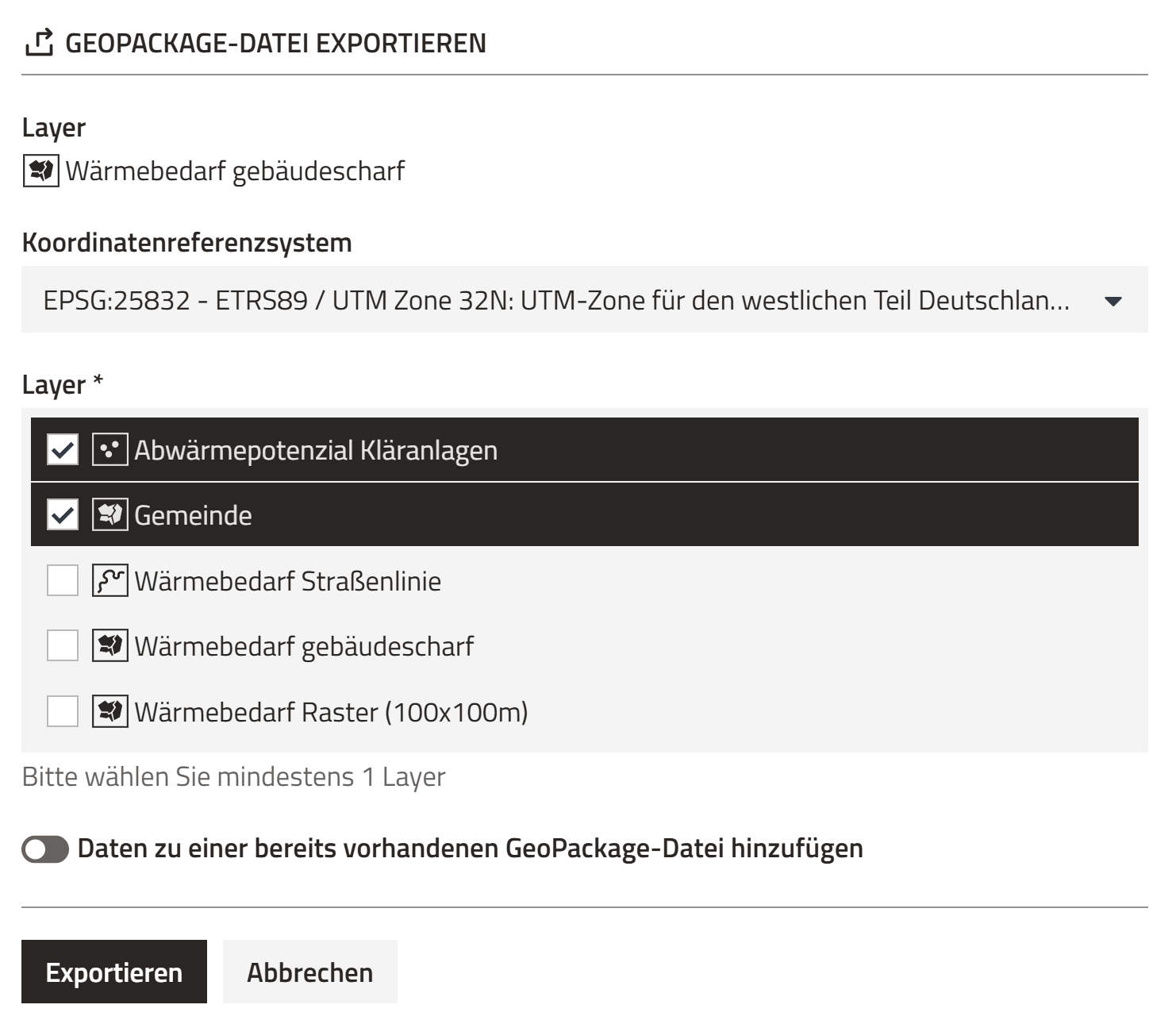 Export-Menü - Karte - Geopackage